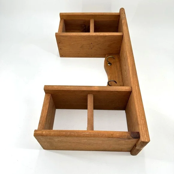VTG Handmade Rustic Wooden Wall Shelf with 4 Cubbies and 2 Brass Key Hooks Brown - Picture 4 of 10